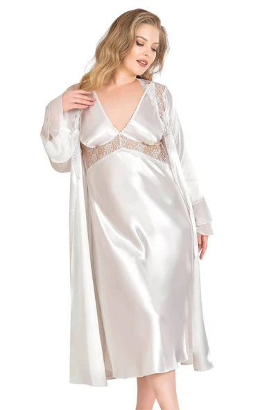 Bicomi Büyük Beden Ekru Uzun İkili Saten Sabahlık Gecelik Takımı - Resim 3