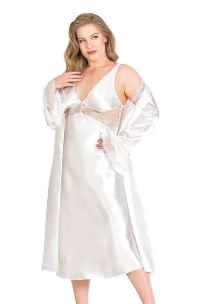 Bicomi Büyük Beden Ekru Uzun İkili Saten Sabahlık Gecelik Takımı - Resim 2