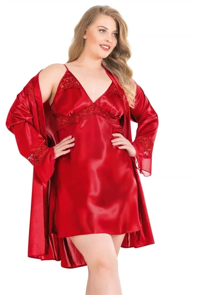 Bicomi Büyük Beden Kırmızı Kısa İkili Saten Sabahlık Gecelik Takımı - Resim 4