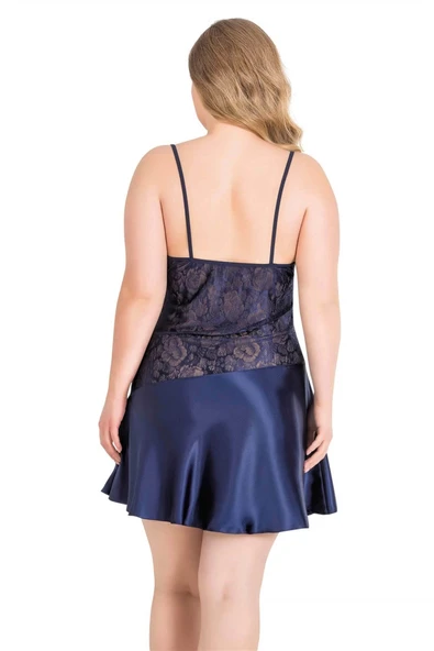 Bicomi Büyük Beden Lacivert Kısa Saten Gecelik - Resim 2