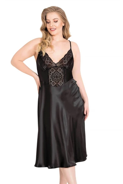 Bicomi Büyük Beden Siyah Uzun Saten Gecelik - Resim 2