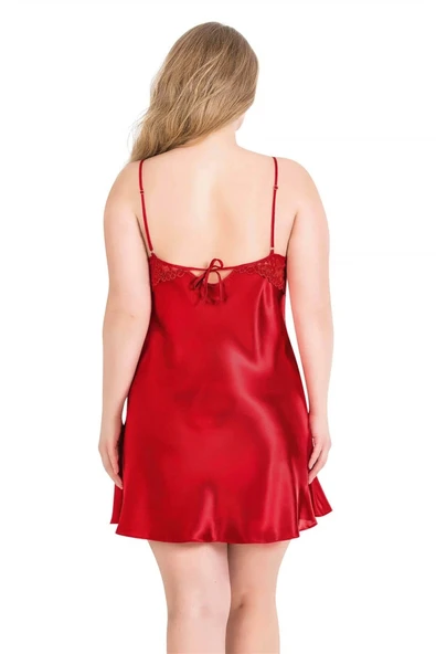 Bicomi Büyük Beden Kırmızı Kısa İkili Saten Sabahlık Gecelik Takımı - Resim 3