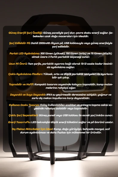 3 MODLU Şarjlı Kamp Lambası Solarlı 20 WATT LED Işık El Feneri Portatif Işıldak Gece Lamba PR9802B - Resim 8