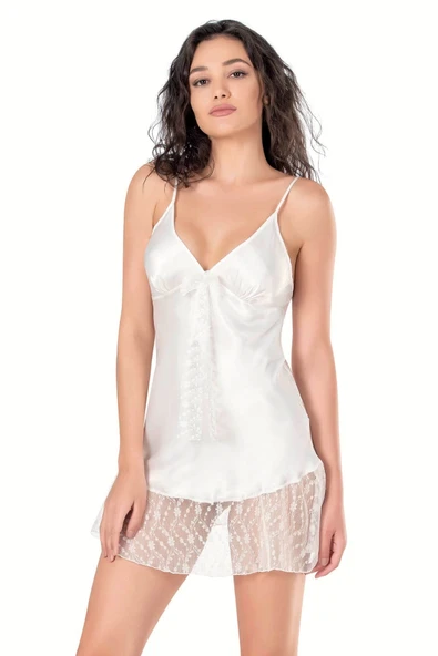 Bicomi Ekru Kısa Saten Gecelik - Resim 3