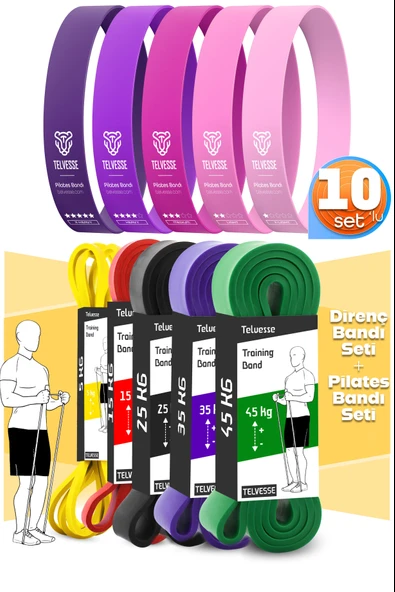10lu TERA SET 5+15+25+35+45 KG + 5Li Pilates Direnç Bandı Barfiks Lastiği Loop Band Pembe Ton ürün görseli