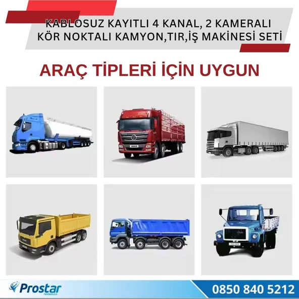 2 Kablosuz Kameralı 7 inç Kayıtlı Monitör Full HD BSD Kör Nokta Uyarı Sistemli Tak Kullan Kamera Seti - 4