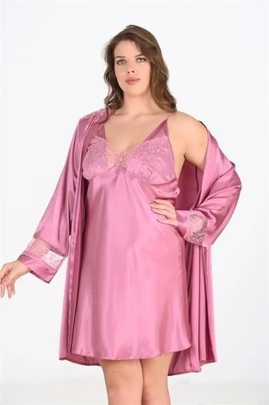 Bicomi Büyük Beden 2li Gülkurusu Sabahlık Takımı Bigsize 6204 ürün görseli