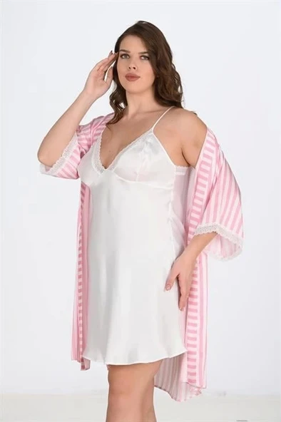 Bicomi 2li Beyaz-Pembe Sabahlık Takımı Bigsize 6210 ürün görseli