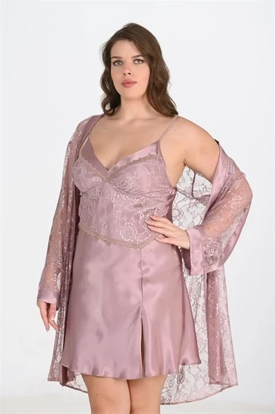 Bicomi Büyük Beden 2li Vizon Sabahlık Takımı Bigsize 6205 ürün görseli