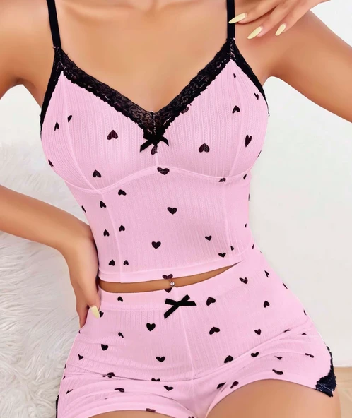 Bicomi Pembe Kalp Desenli Askılı Şortlu Pijama Takım - Resim 2