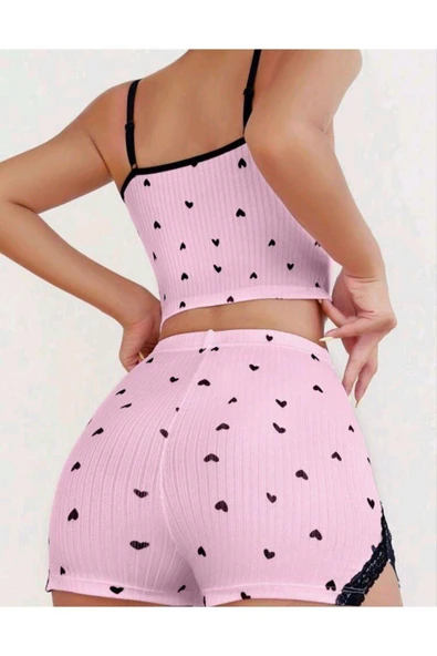 Bicomi Pembe Kalp Desenli Askılı Şortlu Pijama Takım - Resim 3