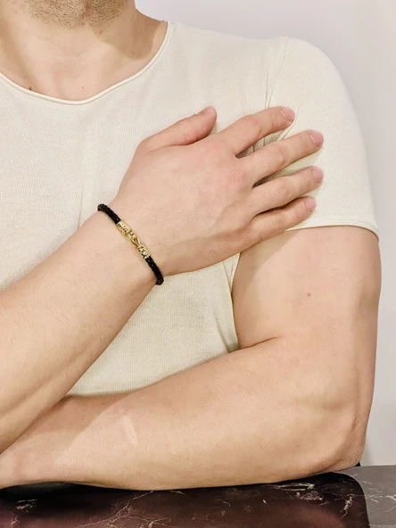 Erkek Deri Bileklik, Altın Kaplama ışıltılı Tasarım Örgü Kordon Kişiye Özel Şık Takı Hediyelik ürün görseli