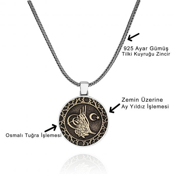 Özel Tasarım Osmanlı Tuğra 60 cm 925 Gümüş Kolye - 2