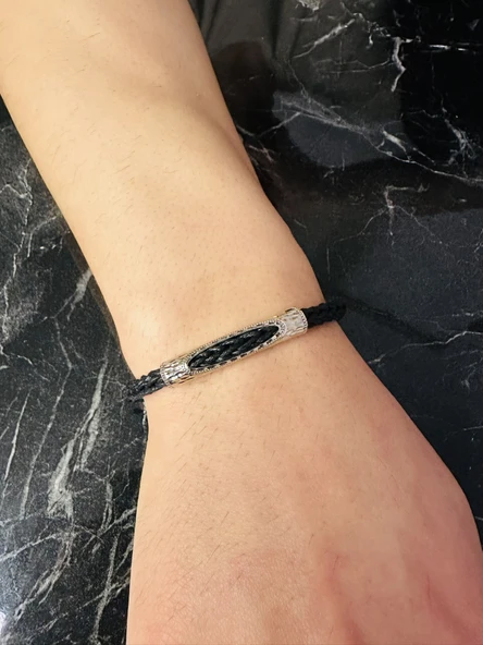 Gümüş Erkek Bileklik ,Beyaz Altın Kaplama, El Örgüsü Deri Kordon,Özel Desen Benzersiz Model Bileklik - 2