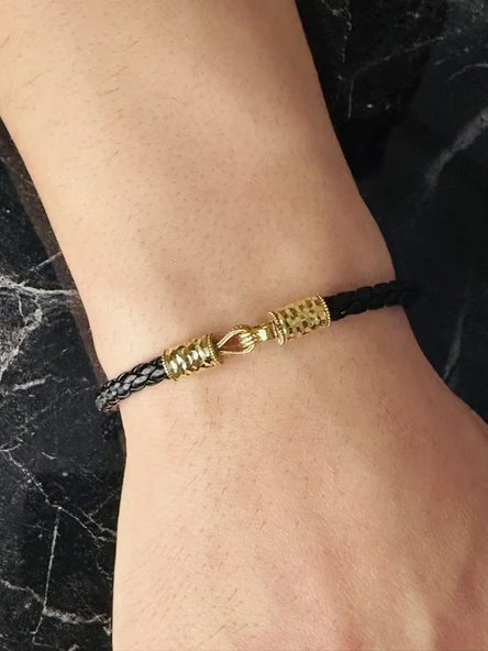 Erkek Deri Bileklik, Altın Kaplama ışıltılı Tasarım Örgü Kordon Kişiye Özel Şık Takı Hediyelik - Resim 2