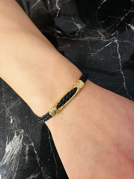 Erkek Gümüş Bileklik Deri Örgü El Yapımı Gold Altın Kaplama Işıltılı Şık Takı Kişiye Özel Hediye - 2