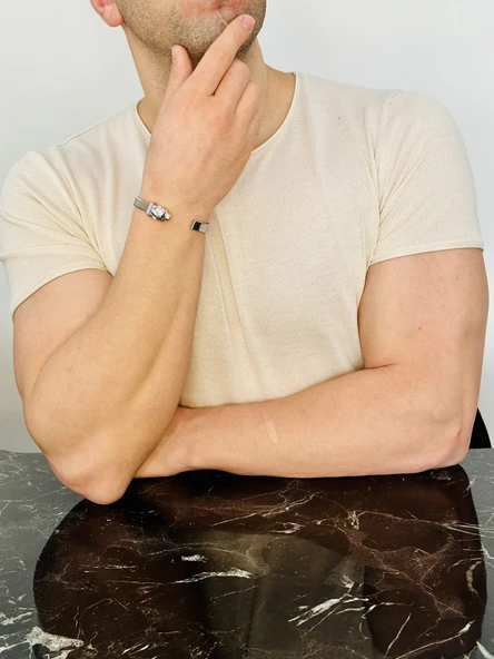 Erkek Kaplan Başlı Gümüş Bileklik Garnet Gözlü Safir Detaylı Çelik Bant Kararmaz Şık Takı - Resim 3