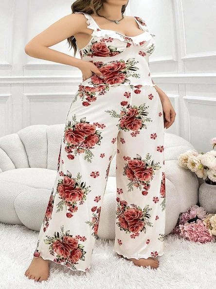 Bicomi Büyük Beden Gül Desenli İnce Askılı Beyaz Salaş 2li Takım ürün görseli