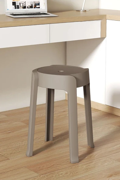 İronika Kaymaz Ayaklı Dekoratif İç İçe Geçebilen Plastik Tabure Mutfak Bahçe Taburesi 4 Adet Latte - Resim 7