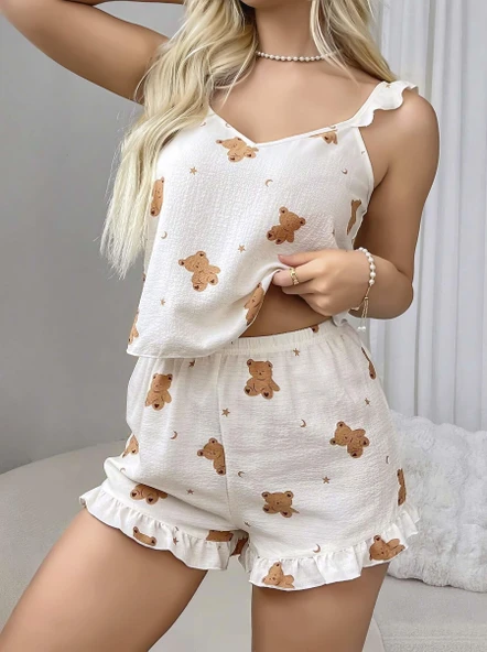 Bicomi Pamuklu Ayıcık Desen Fırfırlı Askılı Şortlu Pijama Takımı - Resim 3