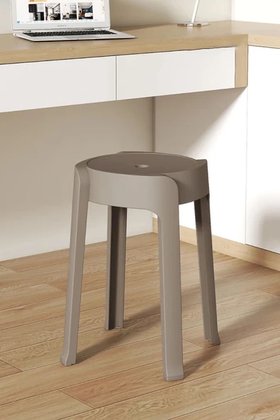 İronika Kaymaz Ayaklı Dekoratif İç İçe Geçebilen Plastik Tabure Mutfak Bahçe Taburesi 6 Adet Latte - Resim 6