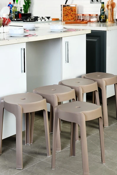 İronika Kaymaz Ayaklı Dekoratif İç İçe Geçebilen Plastik Tabure Mutfak Bahçe Taburesi 6 Adet Latte ürün görseli