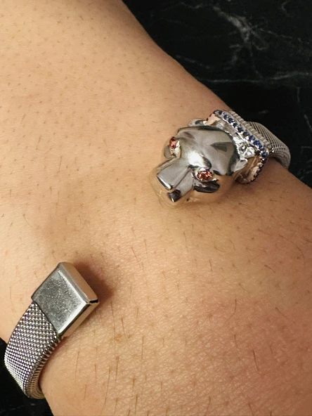 Erkek Kaplan Başlı Gümüş Bileklik Garnet Gözlü Safir Detaylı Çelik Bant Kararmaz Şık Takı - Resim 2