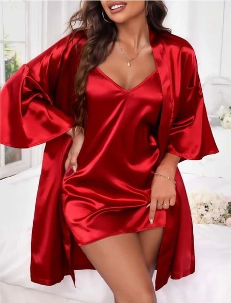 Bicomi İnce Askılı Kırmızı Saten 2li Gecelik Sabahlık Takımı - Resim 2