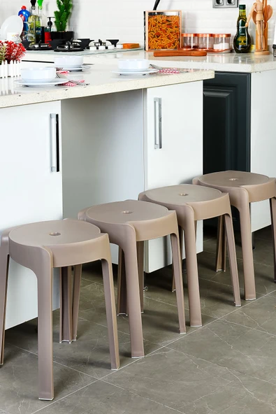 İronika Kaymaz Ayaklı Dekoratif İç İçe Geçebilen Plastik Tabure Mutfak Bahçe Taburesi 4 Adet Latte ürün görseli