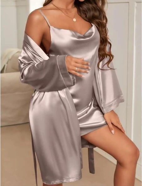 Bicomi Degajeli İnce Askılı Vizon Saten 2li Gecelik Sabahlık Takımı - Resim 2