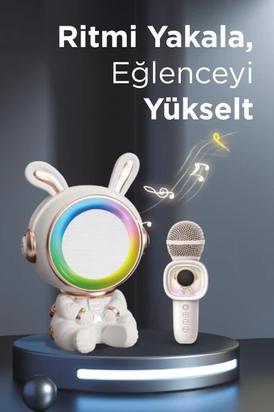 Torima KIDMIC-05 Beyaz RGB Tavşan Figürlü Mikrofonlu Karaoke Bluetooth Hoparlör - Resim 4