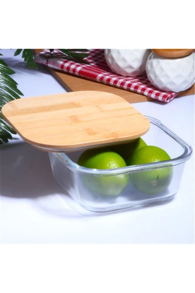 Bambu Kapaklı Vakumlu 3'lü Kare Cam Kase Saklama Kabı Seti - 2