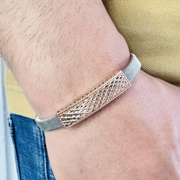 Gümüş Erkek Bileklik 14k Rose Altın Kaplama ,ışıltılı Desen Gümüş Ve Kararmaz Çelik Bant, Şık Hediye