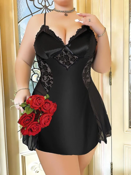 Bicomi Büyük Beden Siyah Dantel İşlemeli İnce Askılı Saten Gecelik ürün görseli