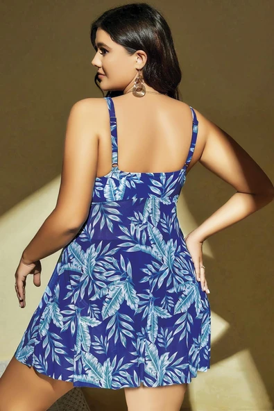 Bicomi Büyük Beden Mavi Üstüne Yaprak Desenli Yırtmaçlı Gecelik - Resim 2