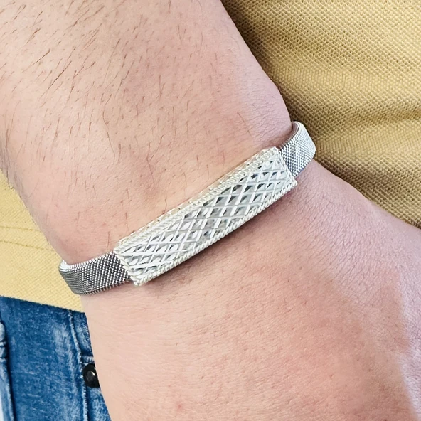 Gümüş Erkek Bileklik,14k Beyaz Altın Kaplama,ışıltılı Desen Gümüş Ve Kararmaz Çelik Bant,Şık Hediye