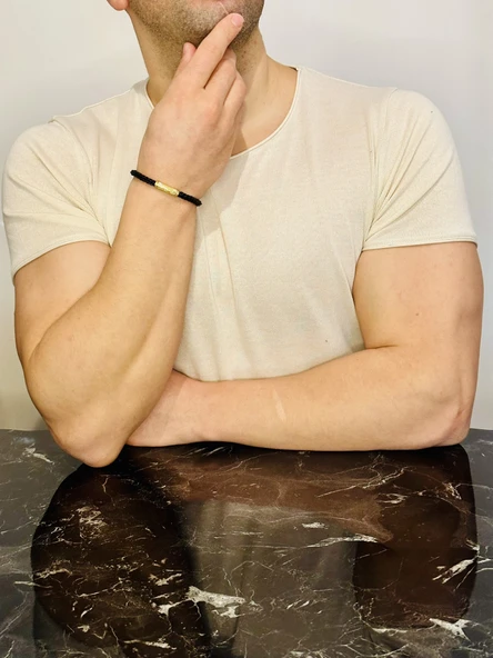 Erkek Bileklik ,Gümüş Deri İp Örme Özel Tasarım Bileklik, Altın Kaplama, Şık Hediye - Resim 3