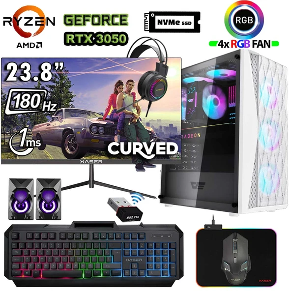 Xaser Xsr1198 Ryzen 5 5500 32GB Ram 1TB M.2 NVMe SSD 6GB RTX3050 23.8" 180Hz Curved Masaüstü Oyuncu Bilgisayarı ürün görseli