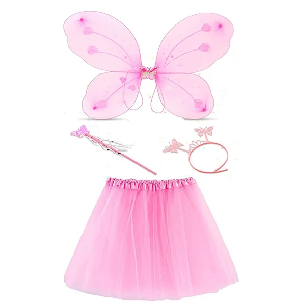 Toz Pembe Kelebek Kostümü - Toz Pembe Kelebek Kostüm Aksesuar Seti 4 Parça - 1
