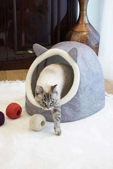 Alas Keçe Kedi Ve Köpek Evi Yatağı Gri Paspas Hediyeli