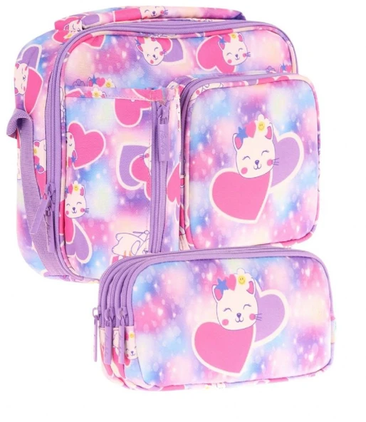 Kaukko Kids Kız Çocuk Lila Pembe Kalpli Kedi Baskılı Üç Bölmeli Thermo Beslenme Çantası ve Kalemlik Seti (L7219+L8219) ürün görseli
