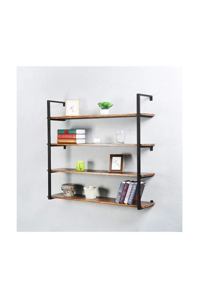 Hitit Dekorasyon Tasnia Siyah Metal Ahşap Duvar Rafı 120cm 4 Katlı