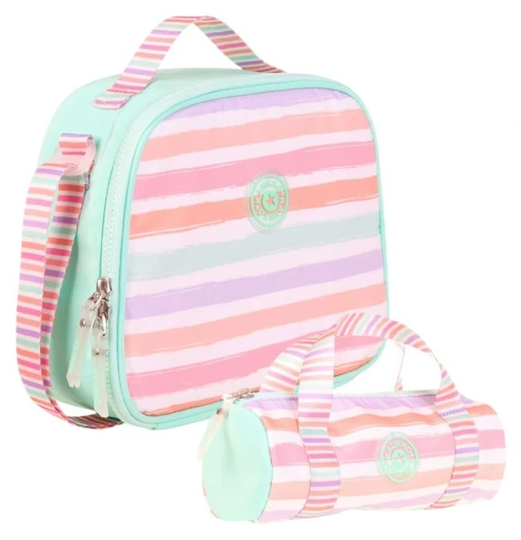 Kaukko Isı Yalıtımlı Beslenme Çantası ve Kalemlik Seti - Kız Çocuğuna Özel - Çizgi Desenli - Su Yeşili Pembe Renkli ürün görseli