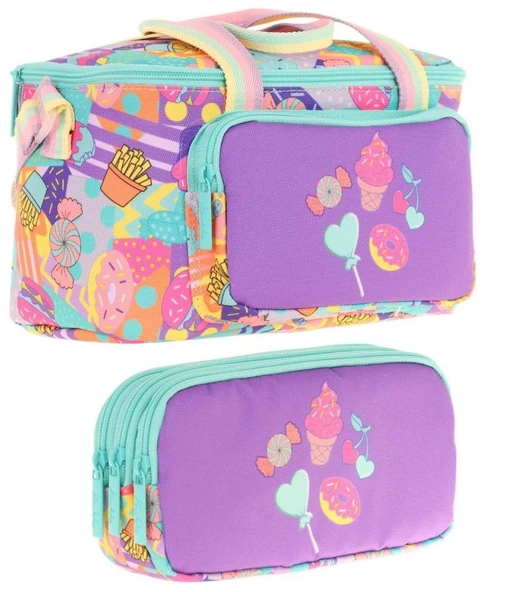Kaukko (L7231+L8231) Beslenme Çantası (Isı Yalıtımlı) ve Kalem Çantası (Üç Bölme) Seti - Kız Çocuk - Mor Yeşil Şekerleme Desenli ürün görseli