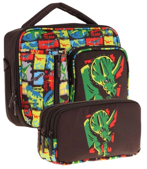 Kaukko Kids Erkek Çocuk Siyah Yeşil Gergedan Üç Bölmeli Thermo Beslenme Çantası ve Kalemlik Seti (L7263+L8263) ürün görseli