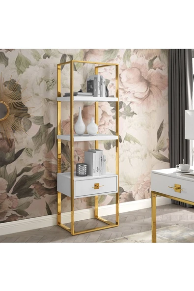 Hitit Dekorasyon Rihanna Gold Metal Beyaz Kitaplık & Raf - 2