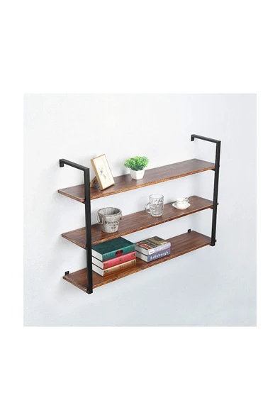 Hitit Dekorasyon Tasnia Siyah Metal Ahşap Duvar Rafı 120cm 3 Katlı