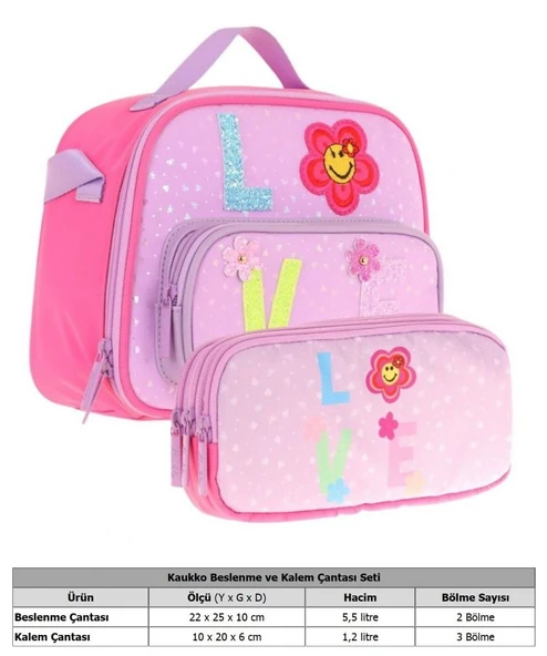 Kaukko Simli Love Baskılı Kız Çocuk Isı Yalıtımlı Beslenme Çantası ve Kalemlik Seti (L7211+L8211) - Resim 2