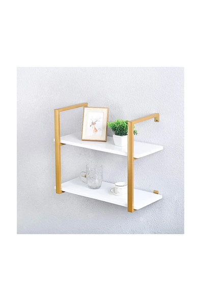 Hitit Dekorasyon Tasnia Gold Metal Ahşap Duvar Rafı 60cm 2 Katlı - 3