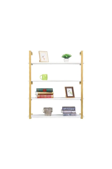 Hitit Dekorasyon Tasnia Gold Metal Ahşap Duvar Rafı 90cm 4 Katlı - 3